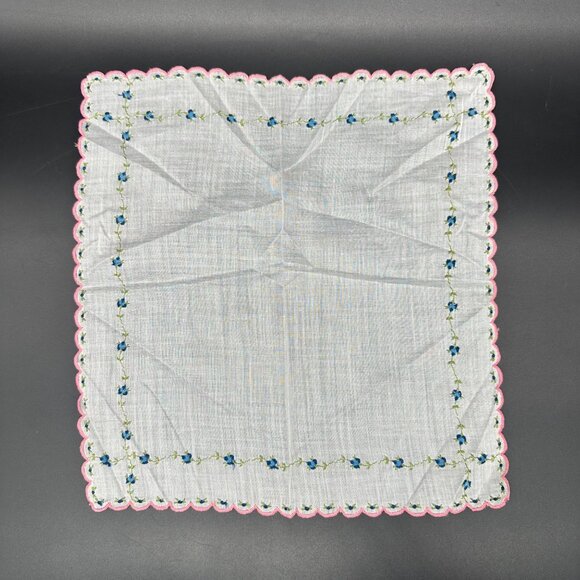 Vintage Handkerchief White Blue Floral Embroidery Pink Scalloped Edge Hankie - Picture 2 of 6